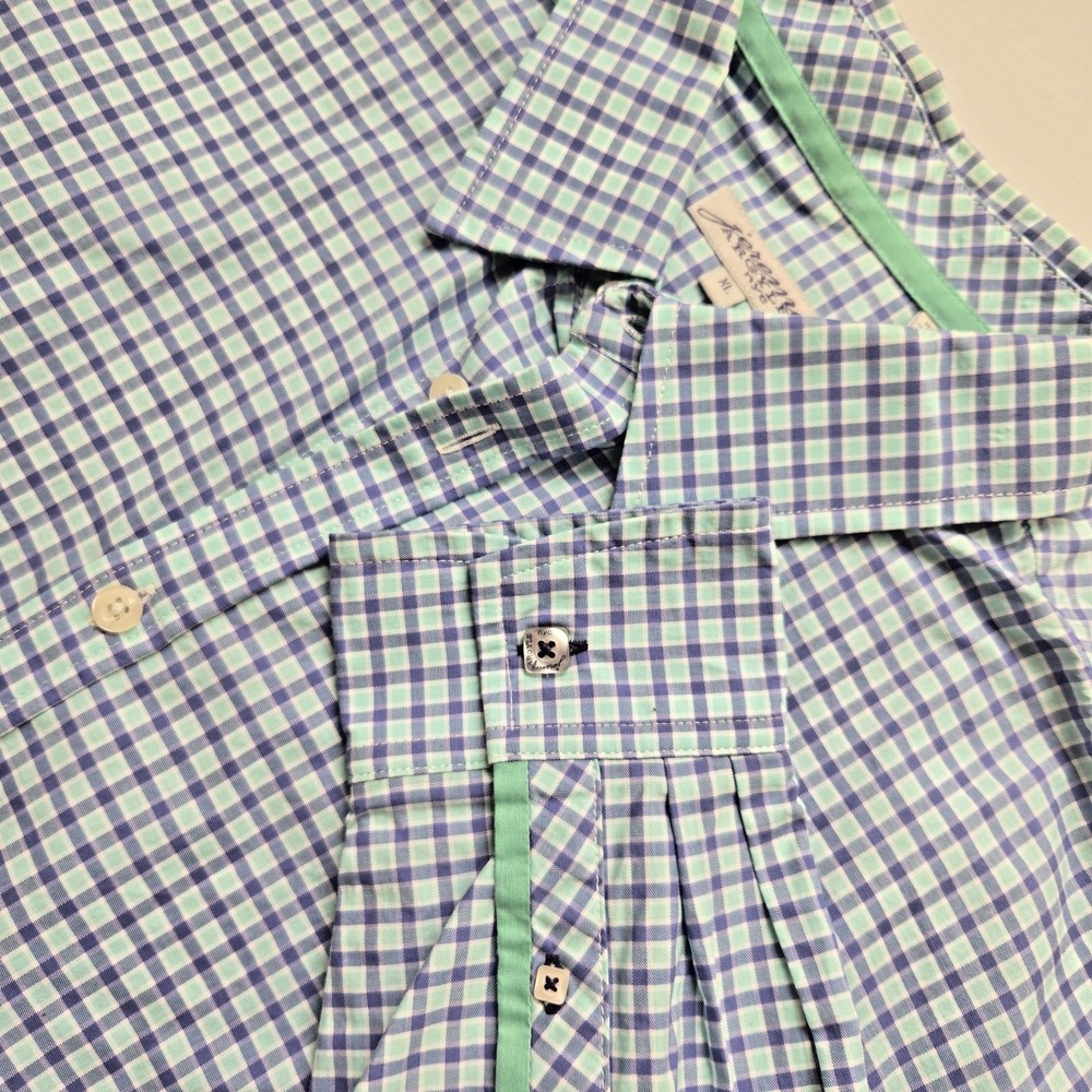 Jeremy Argyle NYC Mens XL Green Blue Gingham Check Cotton Button Down Shirt 624F